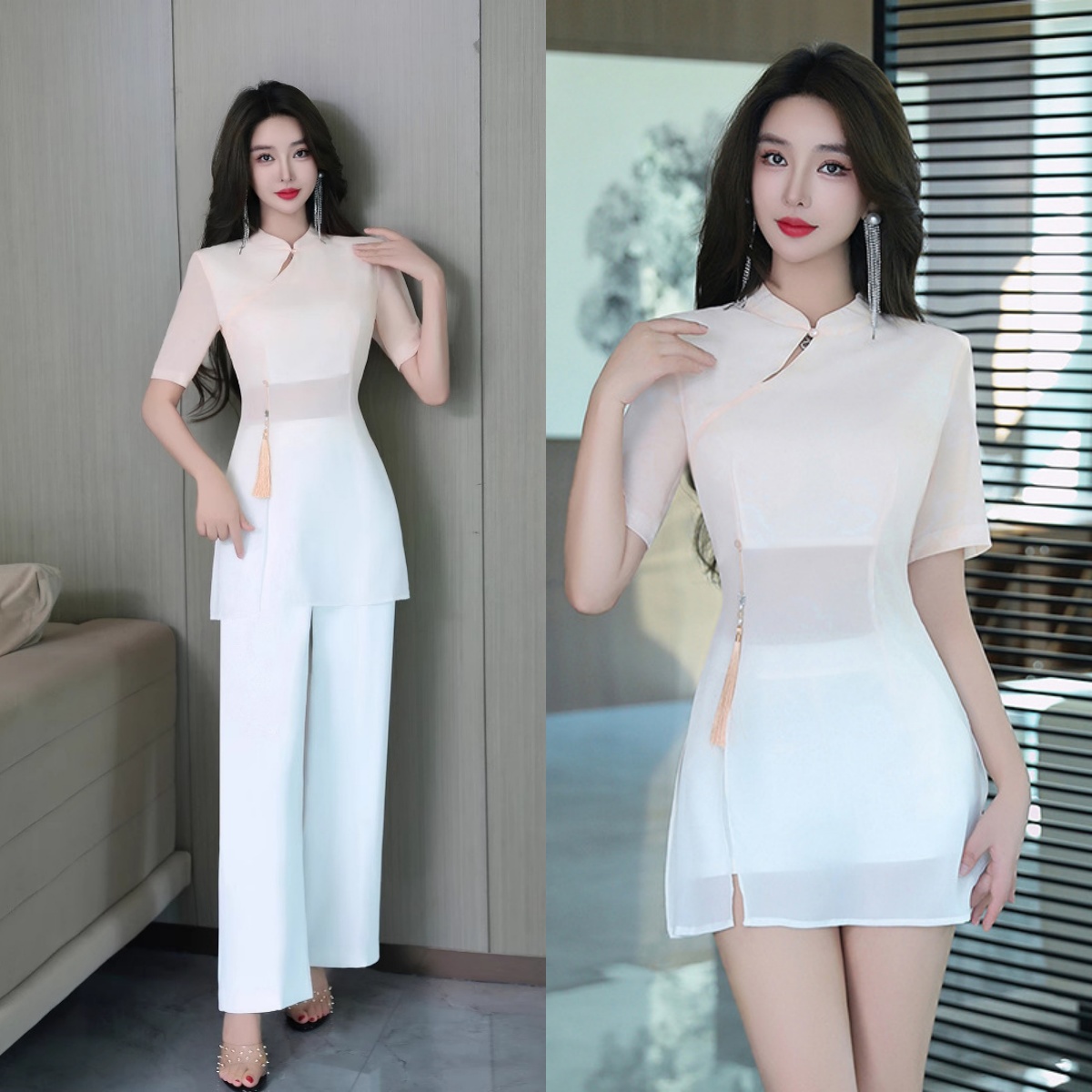 白色中式立领工作服spa按摩养生会所技师制服套装高级日常工作服