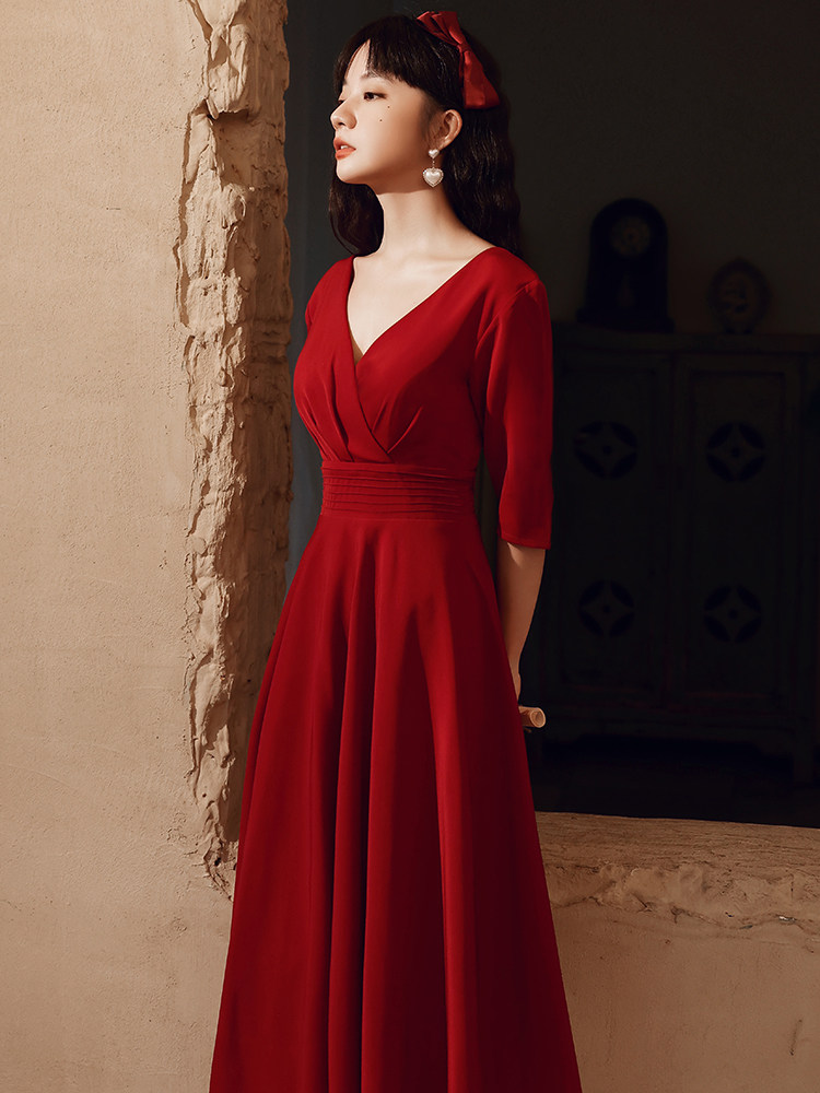 敬酒服新娘平时可穿夏季酒红色订婚礼服回门便装气质显瘦连衣裙女