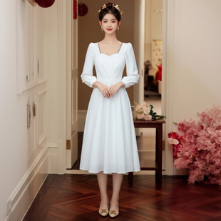 小礼服女平时可穿新娘订婚回门小个子便装 法式 领证登记小白裙长袖