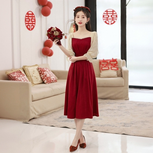 法式 婚服 高端气质敬酒服新娘红色绝美订婚礼服女秋冬结婚当天便装