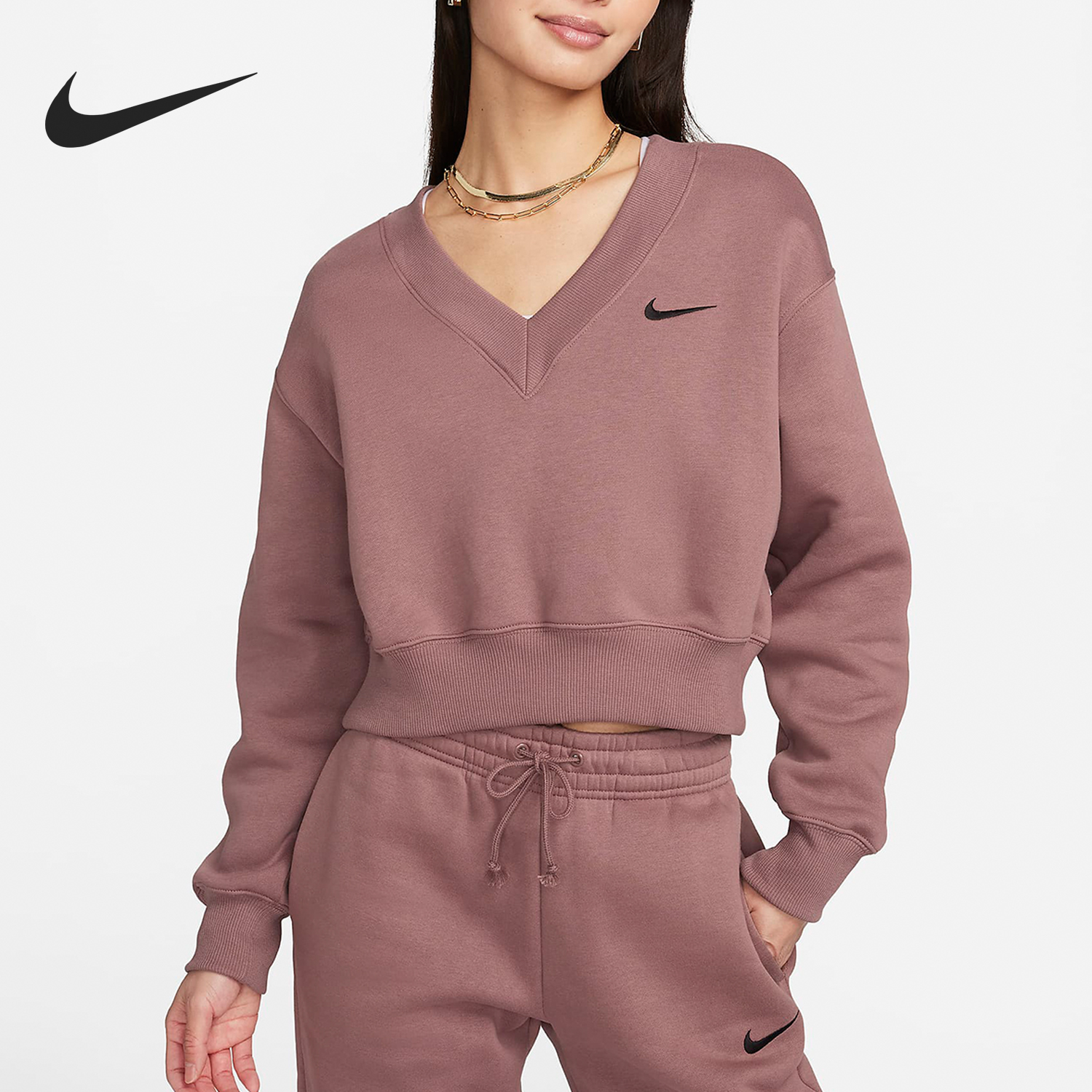 Nike/耐克正品春季新款女士短款 V 领加绒套头卫衣FN3652-208