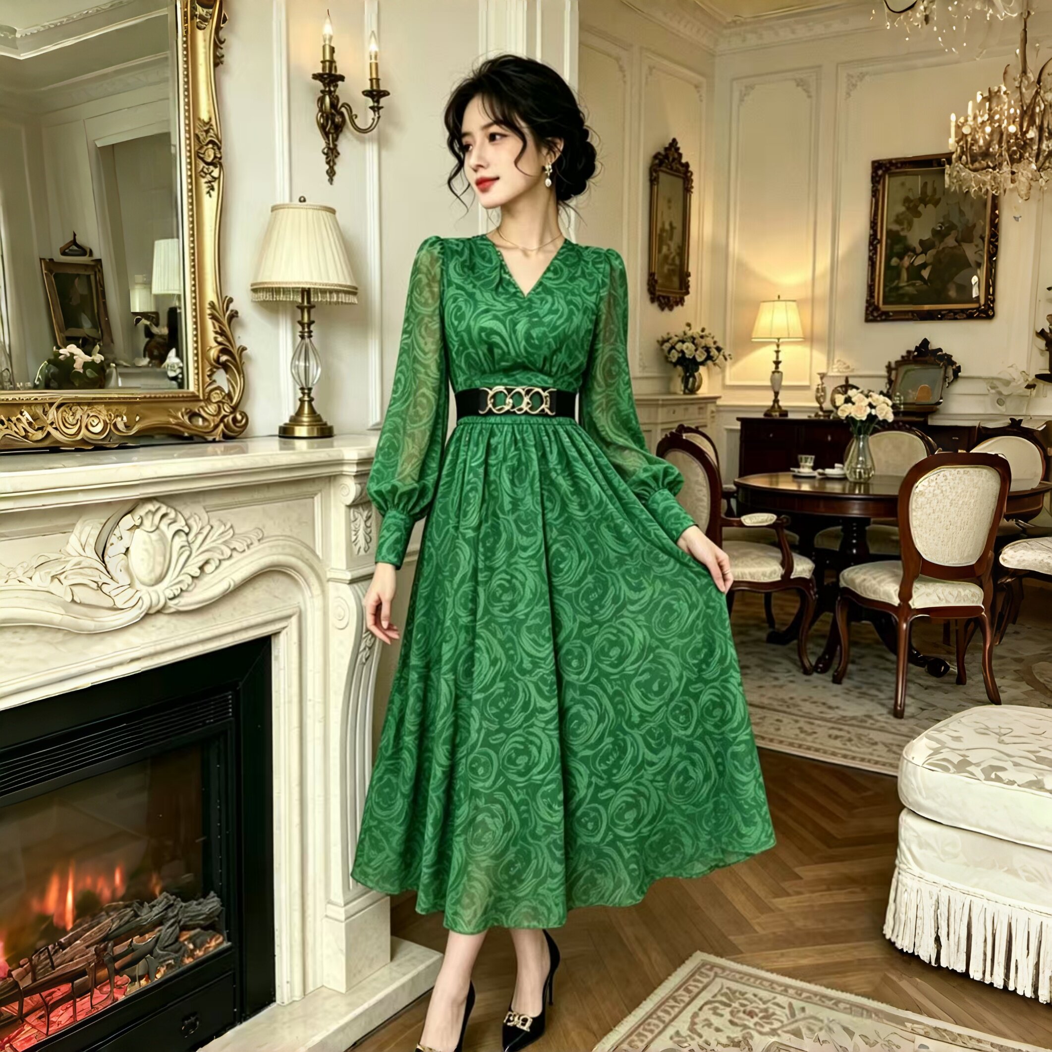 法式复古玫瑰印花连衣裙女春秋V领收口灯笼袖收腰显瘦中长裙