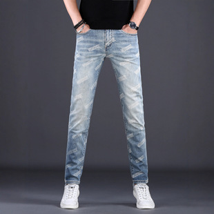 香港名牌高端牛仔裤男潮牌修身小脚2025新款浅蓝色印花男士牛仔裤