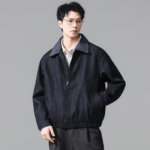 美式复古莱赛尔撞色格领牛仔外套男2026秋季宽松休闲拉链工装夹克