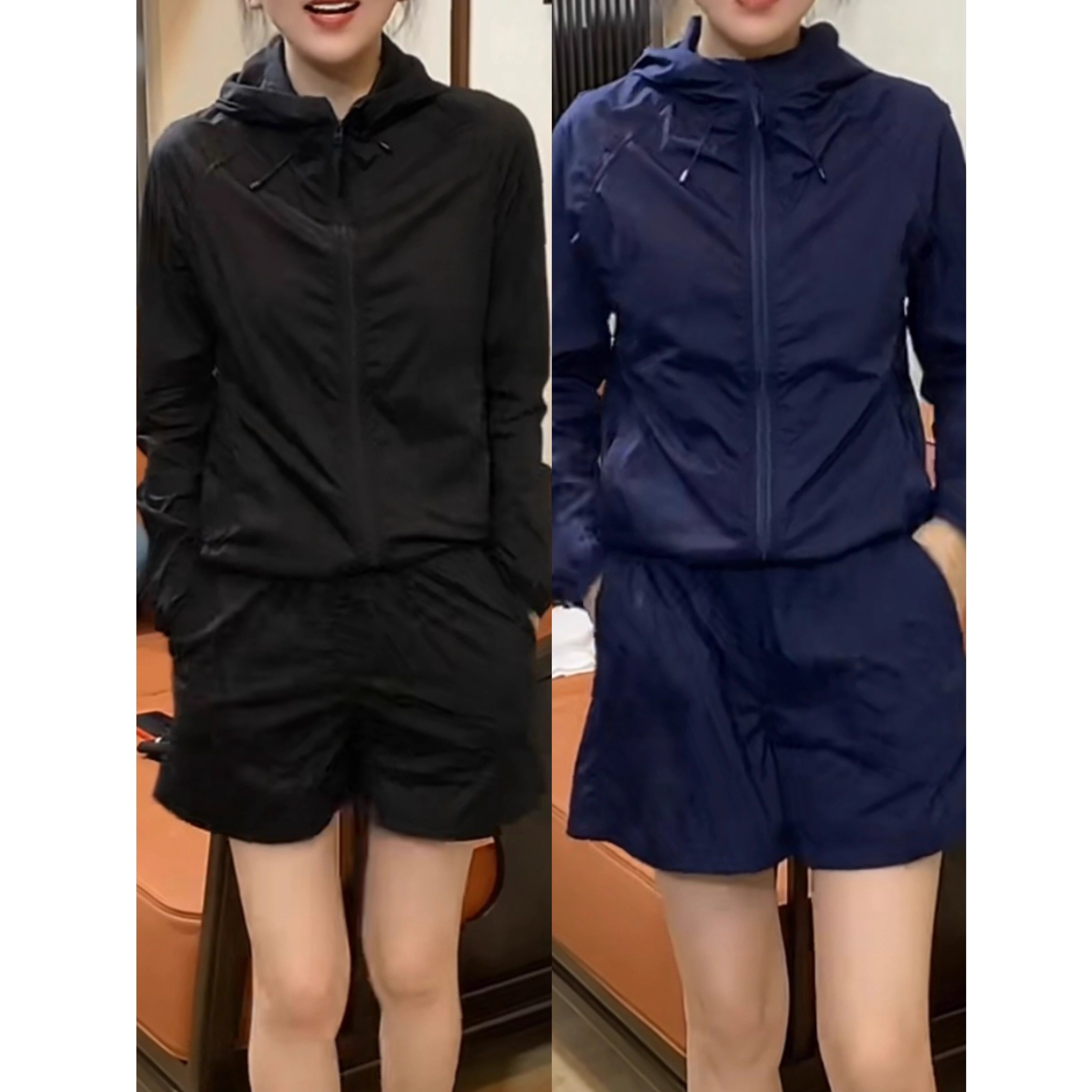 夏季薄款休闲轻薄套装小个子时尚透气连帽长袖短裤防晒运动两件套