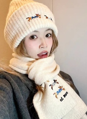 针织帽子围巾女两件套腊肠狗刺绣加厚保暖大头围显脸小毛线帽