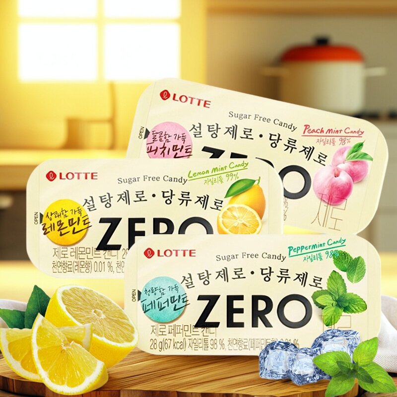 韩国进口乐天ZERO零糖薄荷味糖果轻巧便携铁盒柠檬桃子硬糖28g