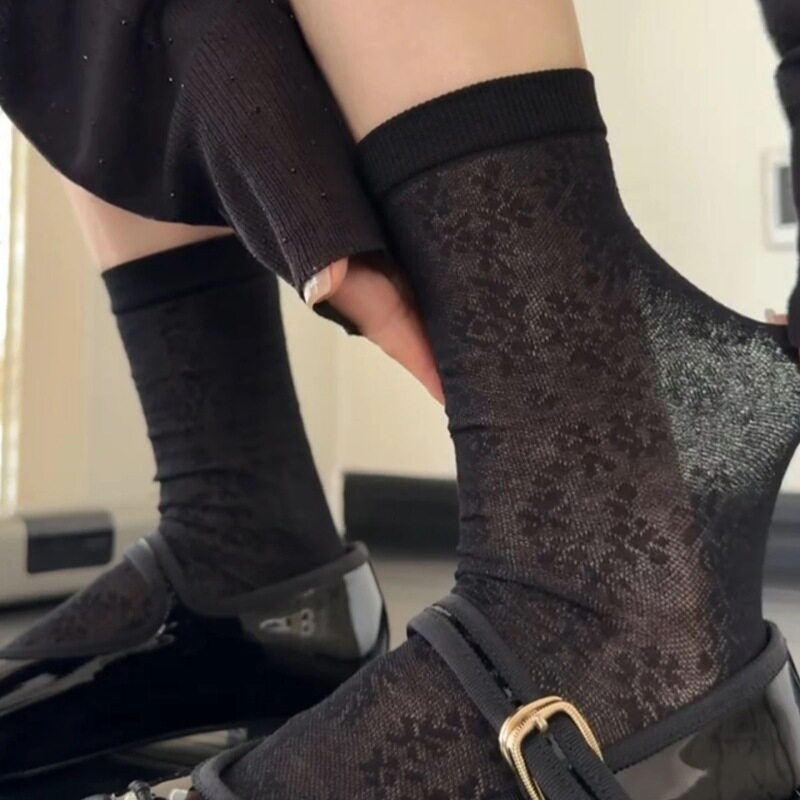 复古镂空花朵暗纹女春夏薄棉袜