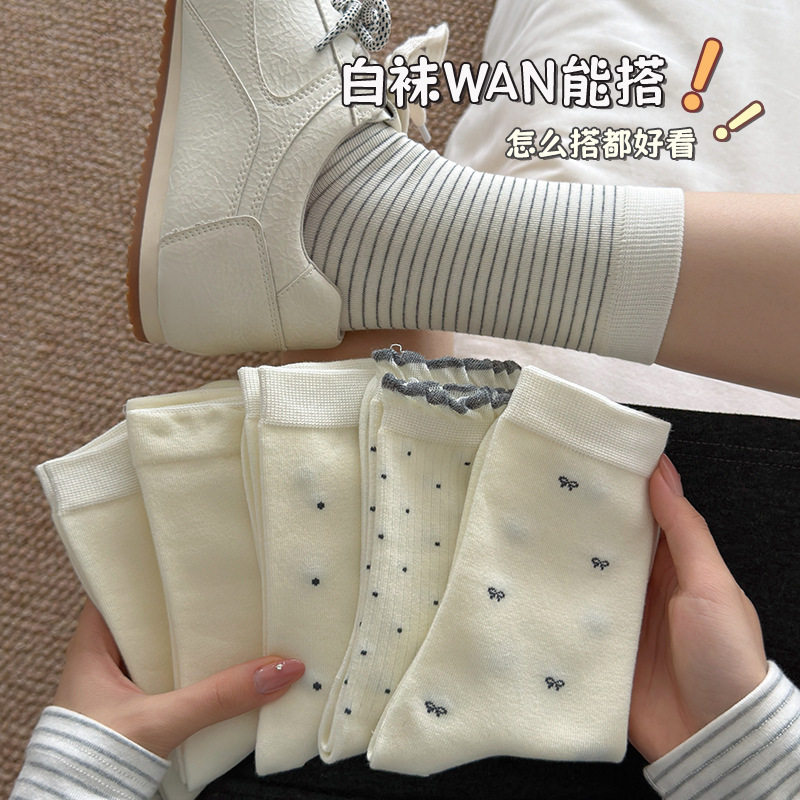 早秋万能小白袜子女款无骨月子袜百搭条纹波点ins松口堆堆袜女秋