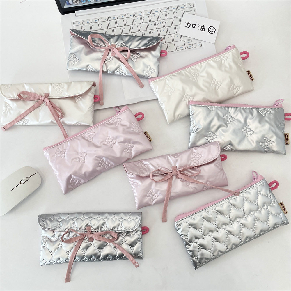 5462 绗缝蝴蝶结翻盖笔袋零钱包女便携收纳袋多功能学生文具盒