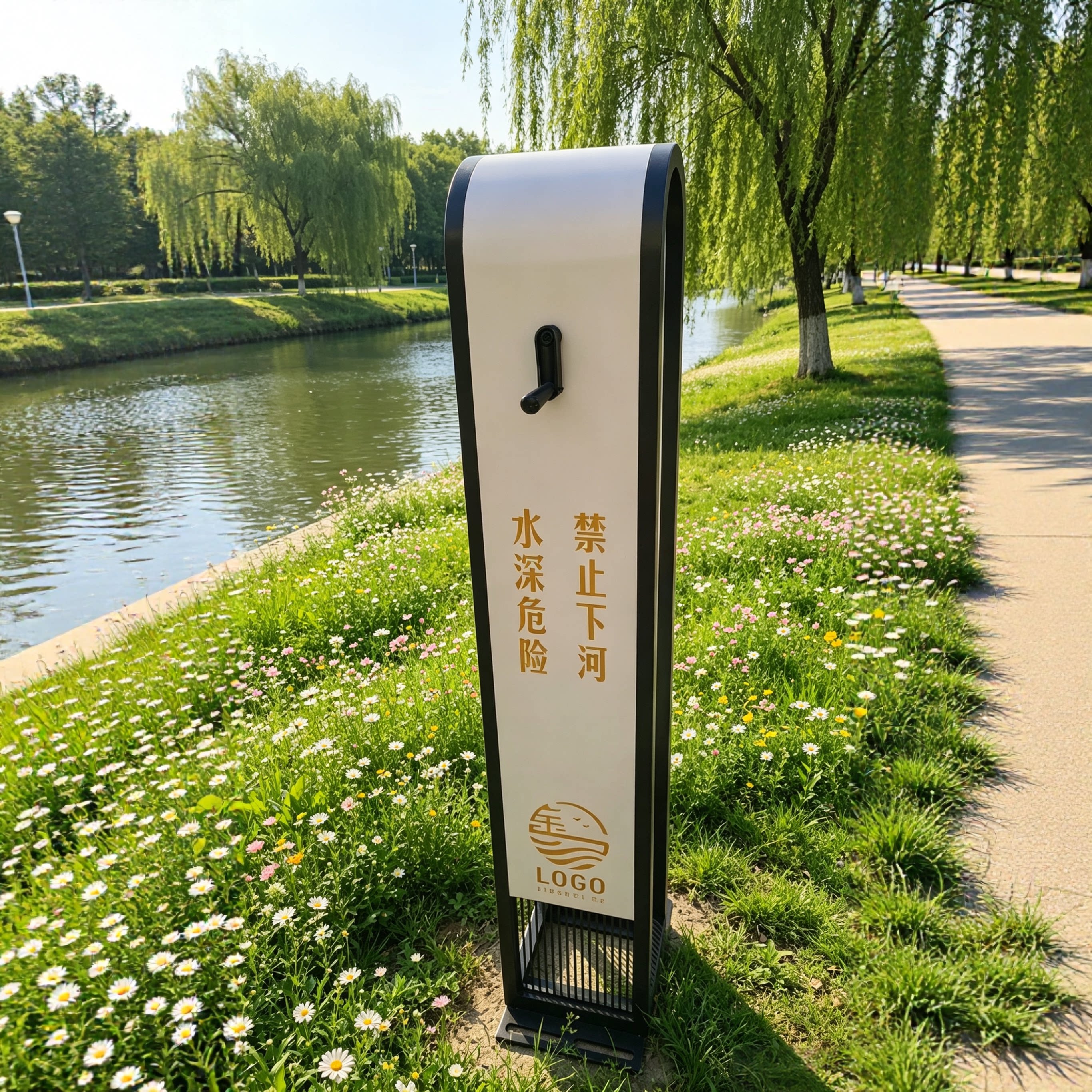 河边水深危险警示牌救生圈支架图片