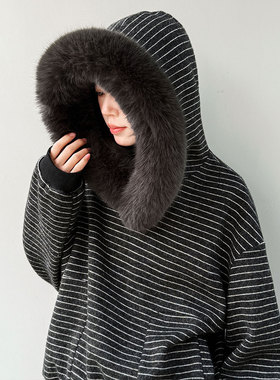 美式条纹毛领连帽卫衣女冬季2025新款加绒保暖绒衫上衣89015