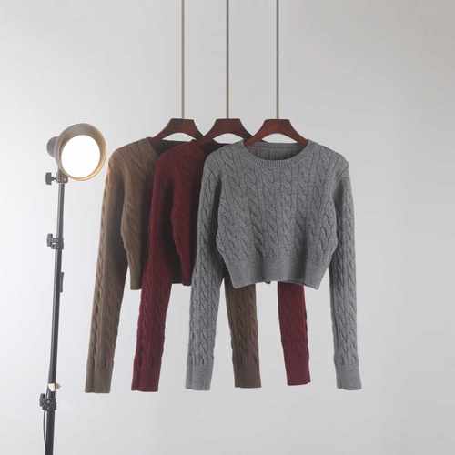 圆领麻花高腰短款针织打底衫