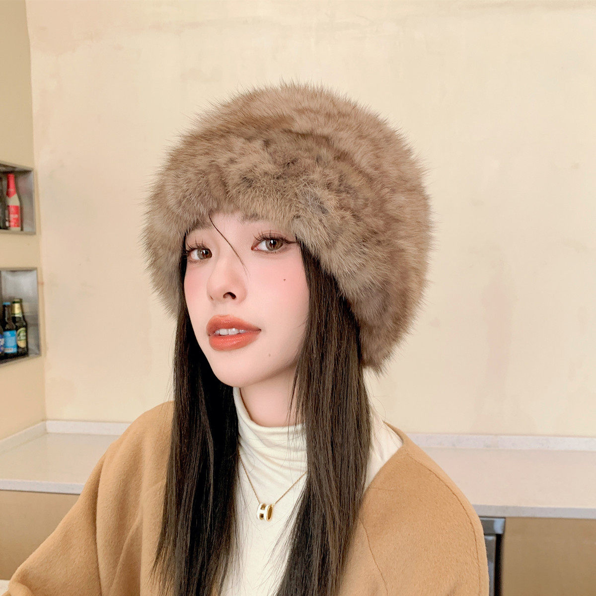 简约紫貂毛编织皮草帽子