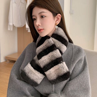 双面獭兔毛围巾撞色丰盈温暖佰搭氛围感造型神皮草围脖 龙猫色