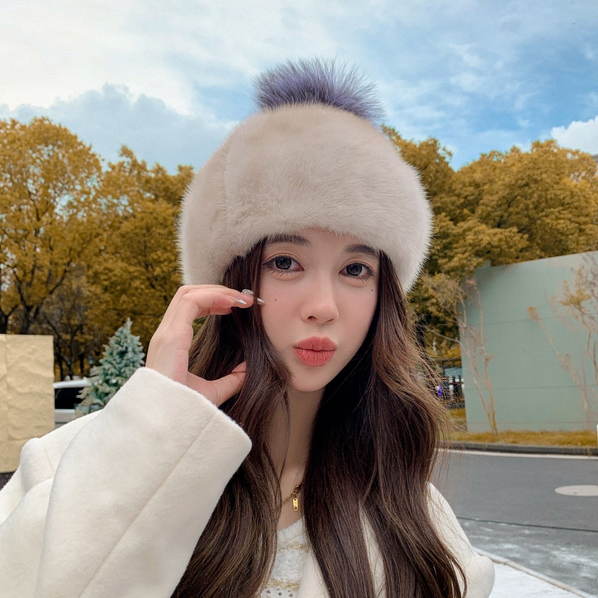 韩国新款整皮水貂毛帽子皮草帽子冬季保暖狐狸球貂皮贝雷帽画家帽