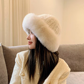 韩版 水貂毛编织皮草帽子配狐狸毛边帽冬季 保暖盆帽渔夫帽休闲女