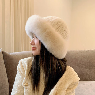 韩版水貂毛编织皮草帽子配狐狸毛边帽冬季保暖盆帽渔夫帽休闲女