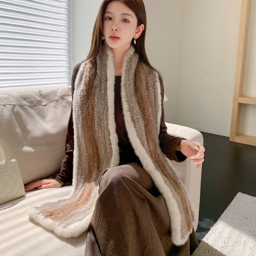 以沫韩版真水貂毛大围巾貂皮加密编织皮草披肩女围脖秋冬保暖双面