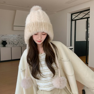 水貂毛毛线帽秋冬女款可爱球球麻花针织帽保暖防寒护耳帽毛绒帽子