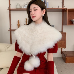 狐狸毛小球披肩可爱甜美纯色真毛皮草毛毛坎肩保暖宴会搭配大围巾