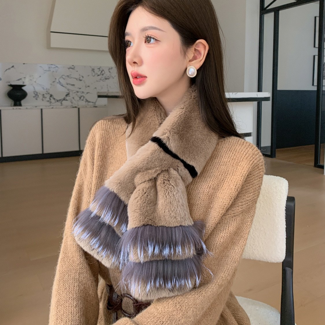 韩国真獭兔毛围脖秋冬气质拼接狐狸毛围巾保暖加厚双面交叉毛领子