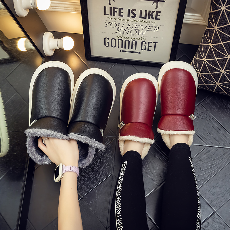 全牛皮真皮棉拖鞋包跟冬季保暖居家防水毛毛棉鞋高邦皮暖鞋
