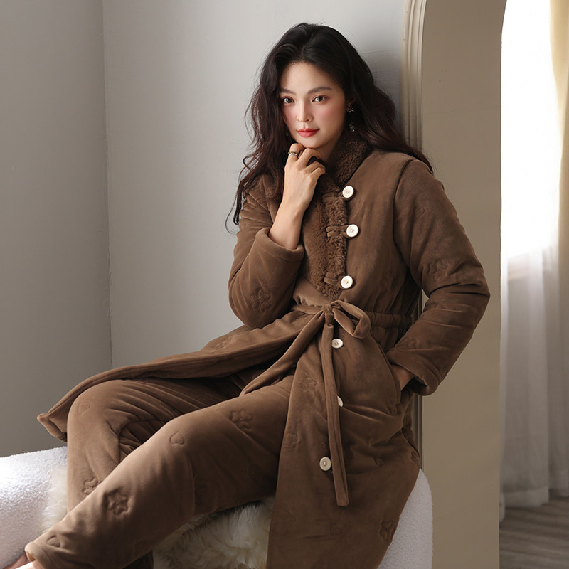 斯服玛三层夹棉睡衣女冬季珊瑚绒长袖保暖加厚软绵绵家居服两件套