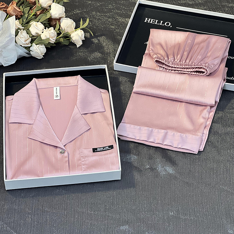 斯服玛睡衣女款2024新款春款冰丝长袖休闲夏季情侣家居服女礼盒装