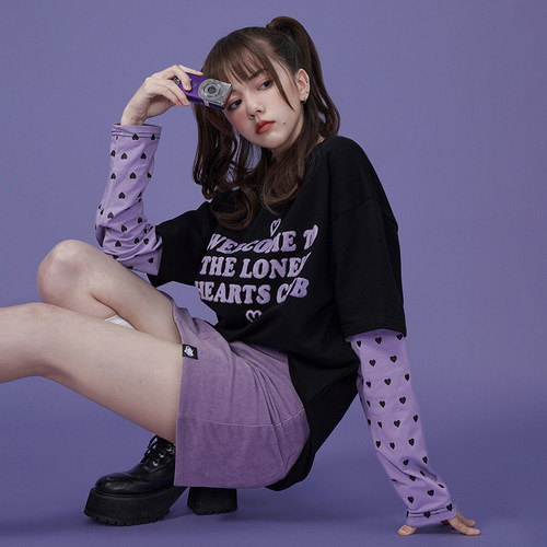 黑紫假两件T恤长袖甜酷奶乖女