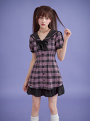 SagiDolls少女斗志巨显瘦 连衣裙 甜酷辣妹粉黑格水手领蝴蝶结短袖