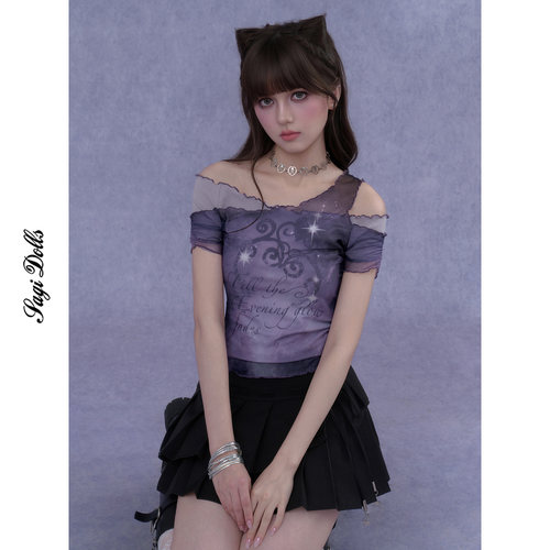 SagiDolls少女斗志#星霞渐落#紫色层叠网纱印花斜肩T恤甜辣显瘦夏