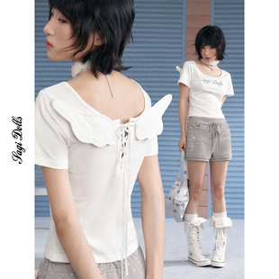 SagiDolls少女斗志纯欲甜酷白色天使翅膀圆领贴钻T恤修身 显瘦百搭