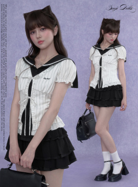 SagiDolls少女斗志 #横滨的帆#白色水手领条纹假两件上衣甜美显瘦