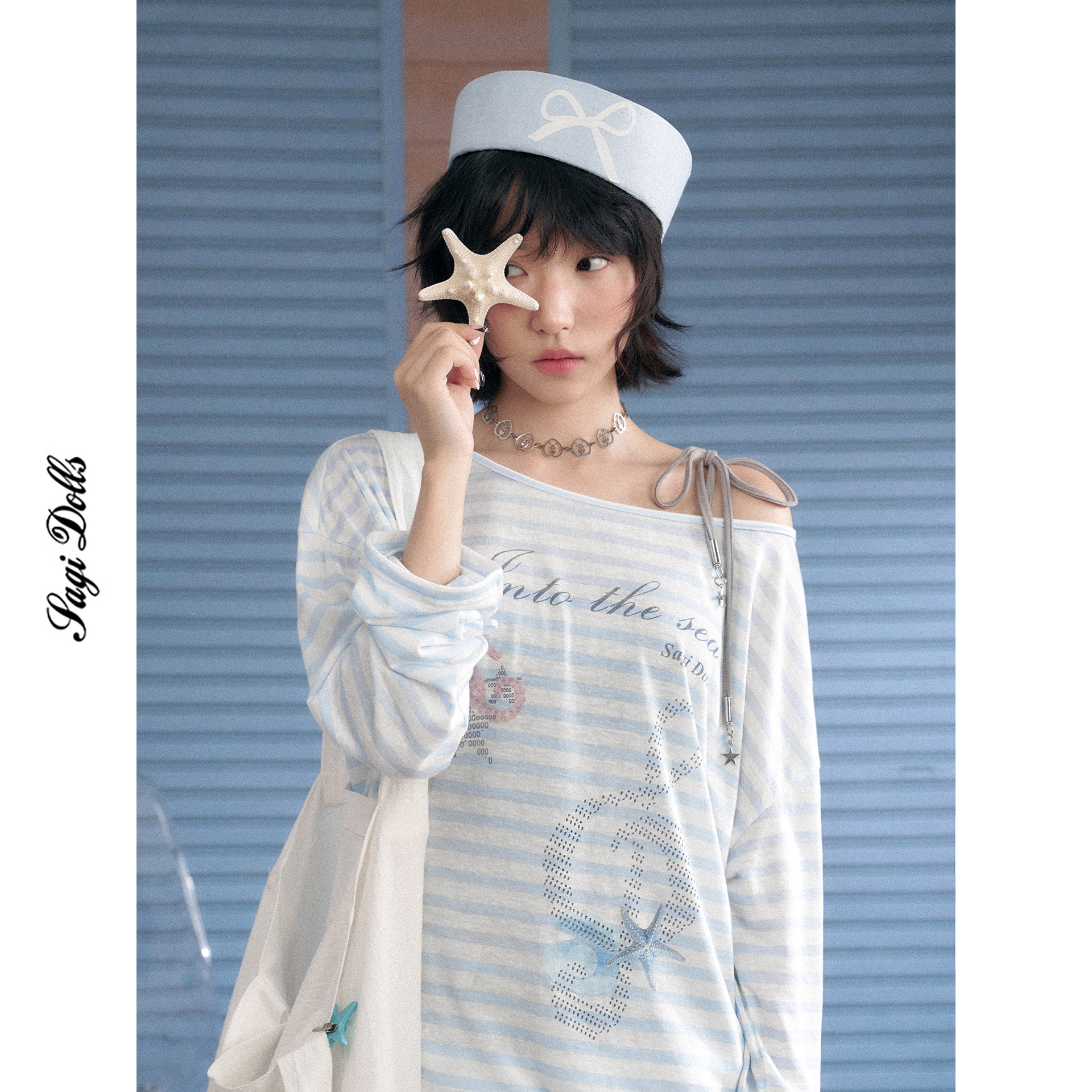 SagiDolls少女斗志*不败的夏天 清透蓝白条纹海洋印花罩衫宽松夏