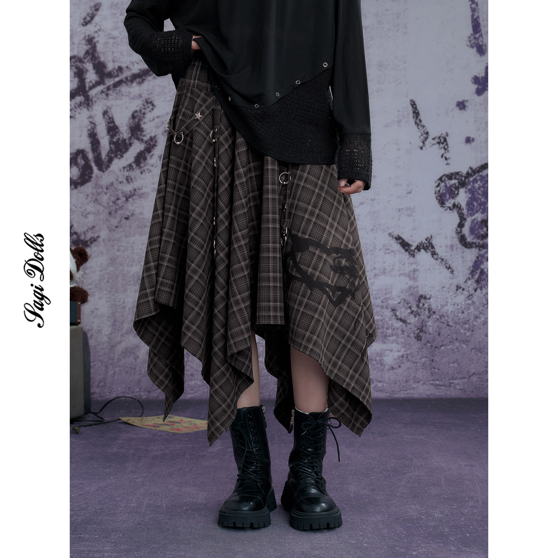 SagiDolls少女斗志 帅气百搭街头棕格印花金属扣不规则长裙遮小腿,女装/女士精品,半身裙,淘宝优惠券,粉丝福利购,淘宝优惠卷
