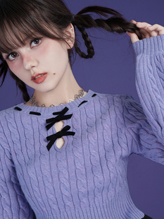 百搭宽松显瘦 毛衣灯笼袖 SagiDolls少女斗志 蓝紫色蝴蝶结麻花短款