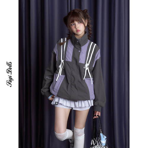SagiDolls少女斗志 甜酷百搭灰紫宽松夹克冲锋衣运动外套防水防风