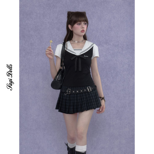 SagiDolls少女斗志 甜辣美高学院风黑灰格腰带百褶裙短裤显高显瘦