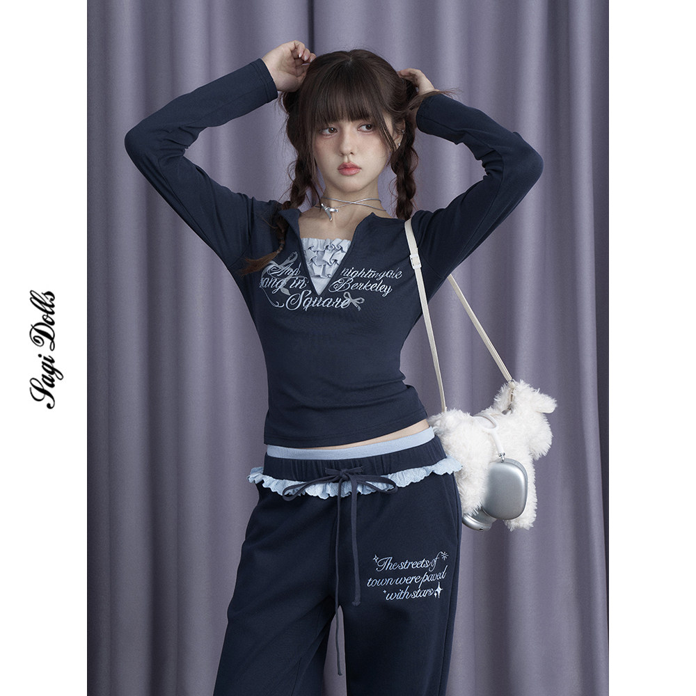 SagiDolls少女斗志冷调显白#北欧冬夜#墨蓝奶油边长袖假两件T恤冬