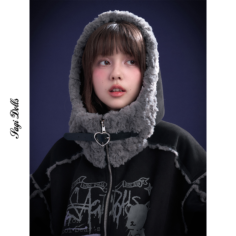 SagiDolls少女斗志#极地少女#皮毛一体!甜酷小熊涂鸦保暖外套带帽