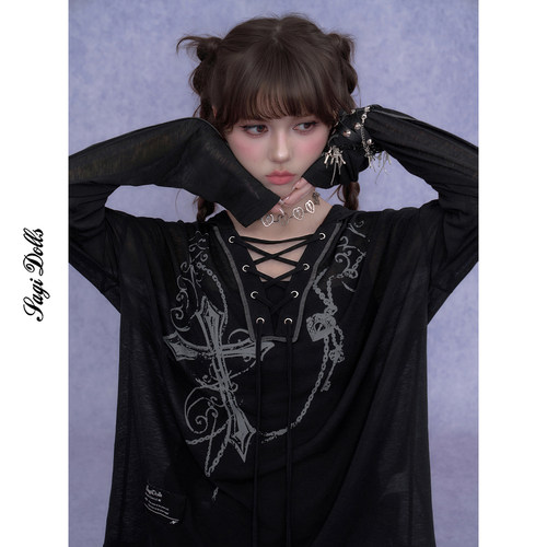 SagiDolls少女斗志 暗黑十字架印花绑带罩衫带帽宽松显瘦防晒百搭