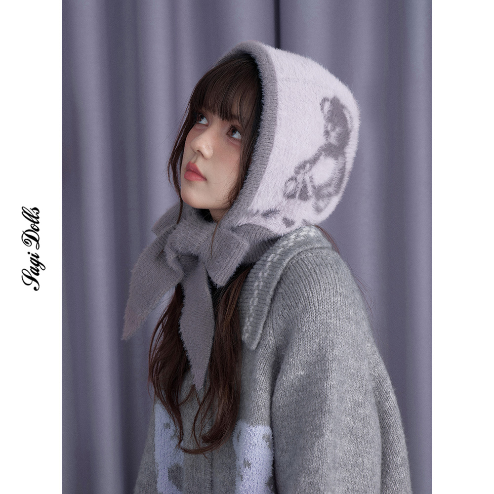 SagiDolls少女斗志冬日小可爱!甜酷灰紫小熊围巾帽毛绒保暖帽子冬