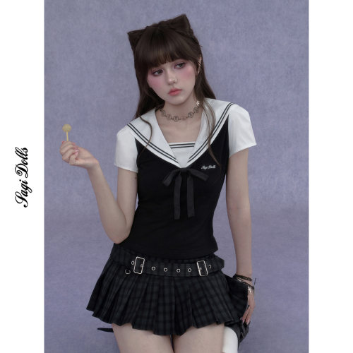 SagiDolls少女斗志 甜辣美高学院风黑白水手领上衣修身显瘦百搭夏