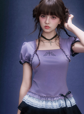 SagiDolls少女斗志超遮斜方肌!纯欲紫色泡泡袖蕾丝下摆上衣lolita