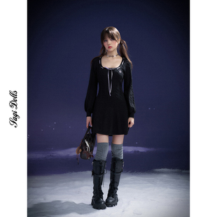 SagiDolls少女斗志 甜美黑色方领毛衣连衣裙保暖百搭冬 暖甜黑巧