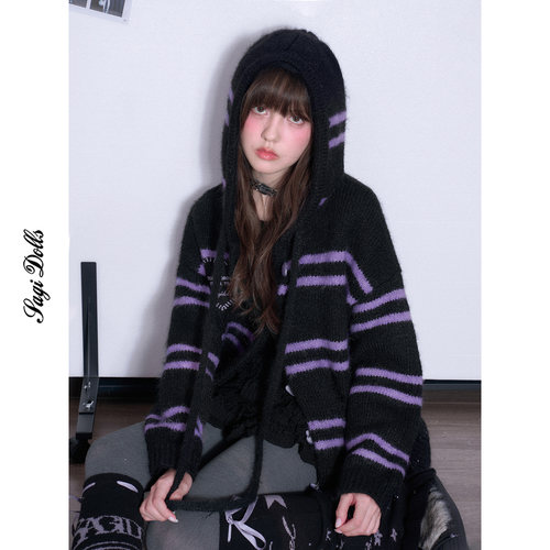 SagiDolls少女斗志 #糖果小魔女#酷黑紫条纹毛衣外套连帽宽松显瘦