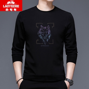 老爷车春装新款圆领长袖T恤男狼头印花薄款卫衣潮内搭上衣打底衫