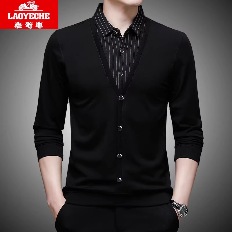 老爷车衬衫领长袖t恤男装假两件上衣春季新款男士商务休闲打底衫
