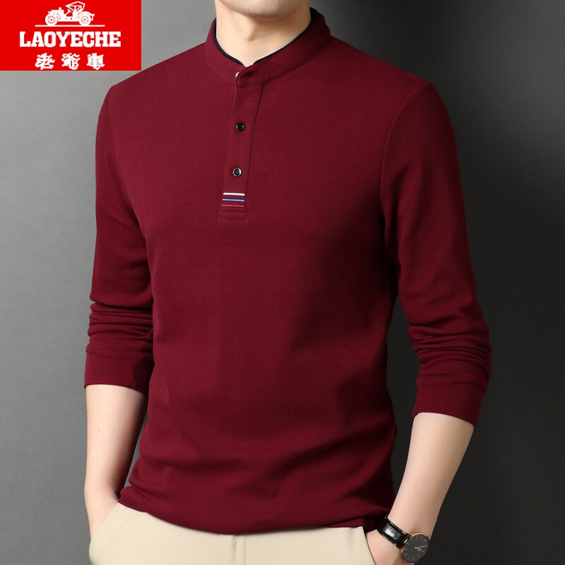 老爷车春季新款立领纯棉长袖T恤男宽松纯色商务休闲打底polo衫潮